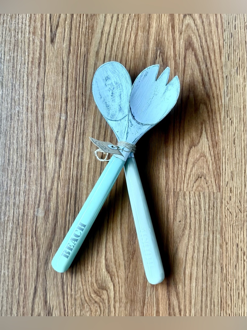 NWT Mud Pie Beach House Wooden Salad Servers in Green and Cream Colors